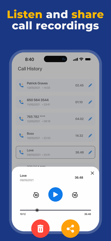 Tapeacall Pro Call Recorder - Tapeacall Pro app interface displaying call recording history and audio playback controls.
