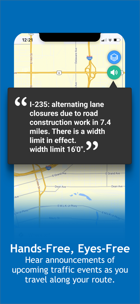 Iowa 511 - Iowa 511 app interface showing hands-free audio announcements for traffic events on a map