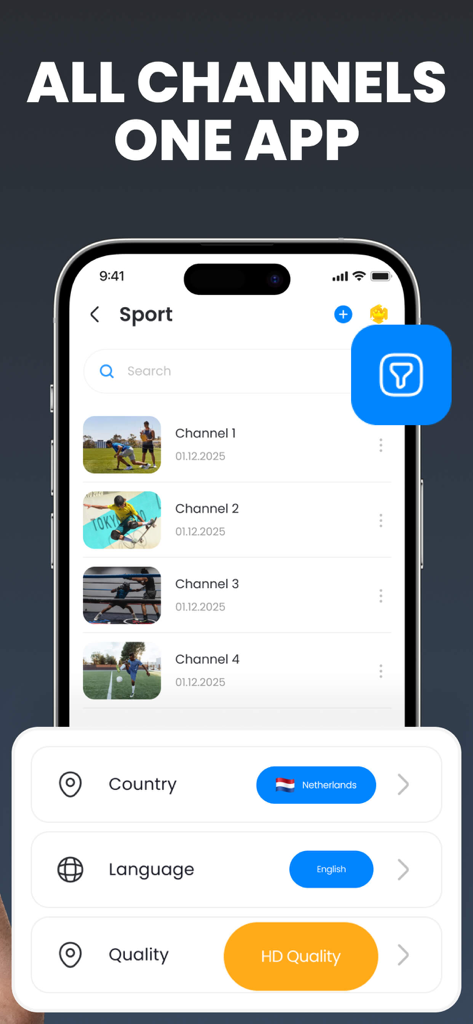 Smart IPTV Play App-Oberfläche mit einer Liste von Sportkanälen und Filteroptionen für Land, Sprache und Qualität.