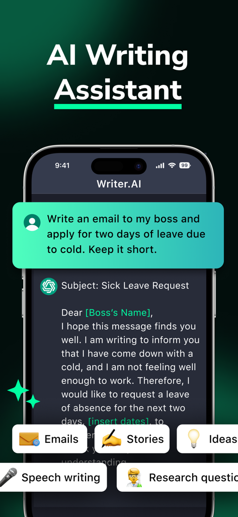 DeepSearch - AI Chatbot App - DeepSearch AI writing assistant generating a sick leave email