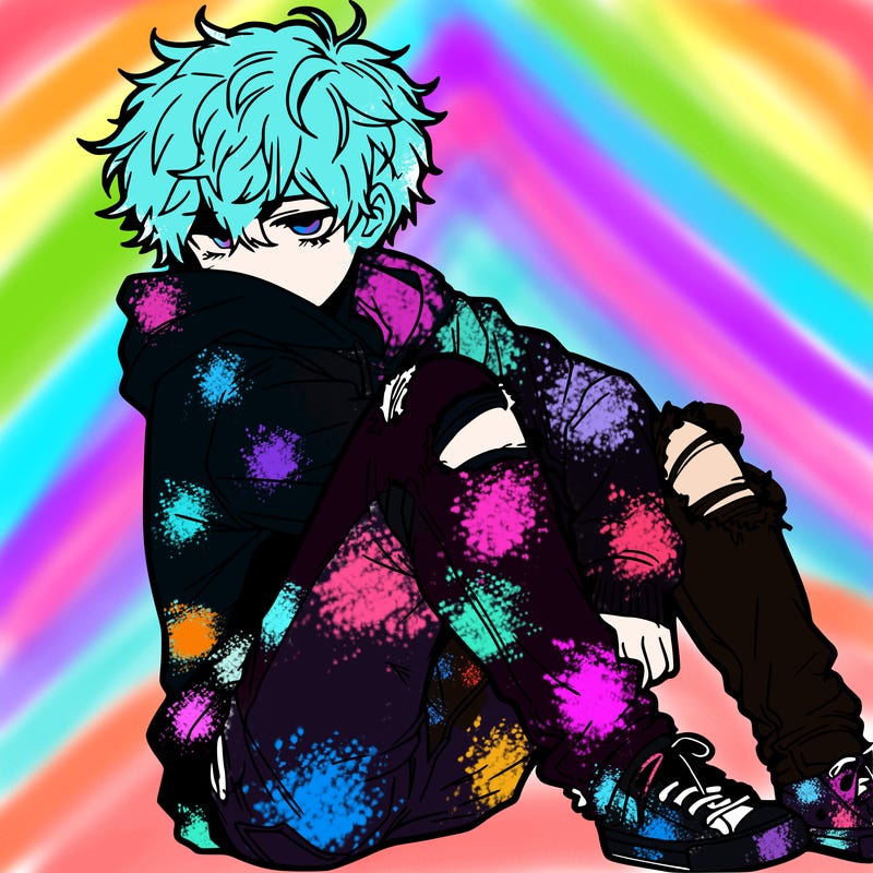 a male hoddie ripped jeans messy hair anime