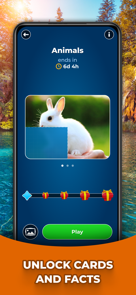 Triviascapes: Quiz & IQ test - Captura de pantalla del juego de concurso Triviascapes que muestra la categoría de animales y una barra de progreso para desbloquear nuevas tarjetas.