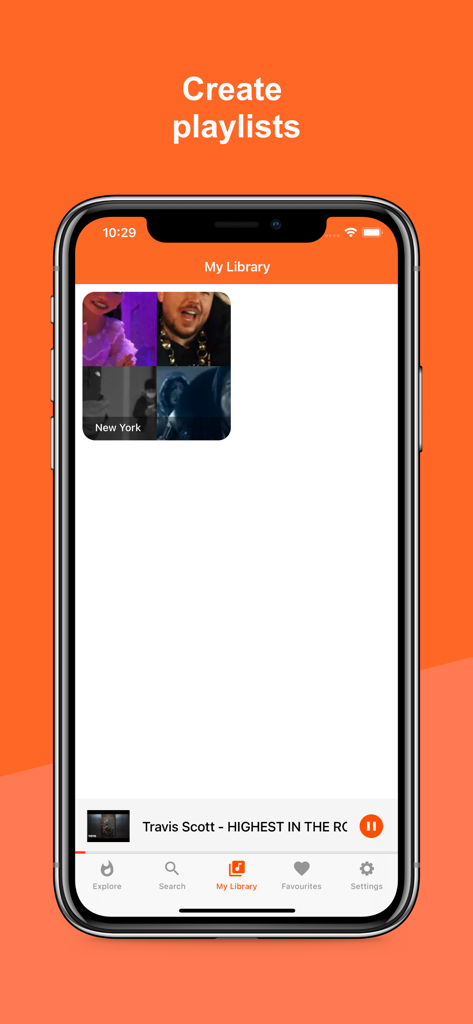 Musicamp: Music Player - Musicamp 앱 인터페이스: 맞춤 New York 플레이리스트와 Travis Scott 노래가 재생 중인 음악 플레이어가 있는 내 라이브러리 섹션 표시