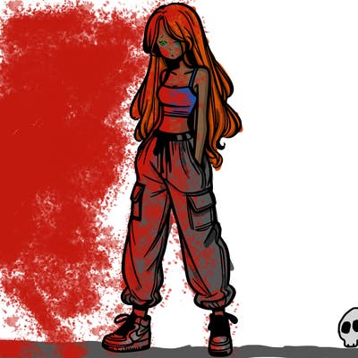 girl in baggy pants crop top and long hair