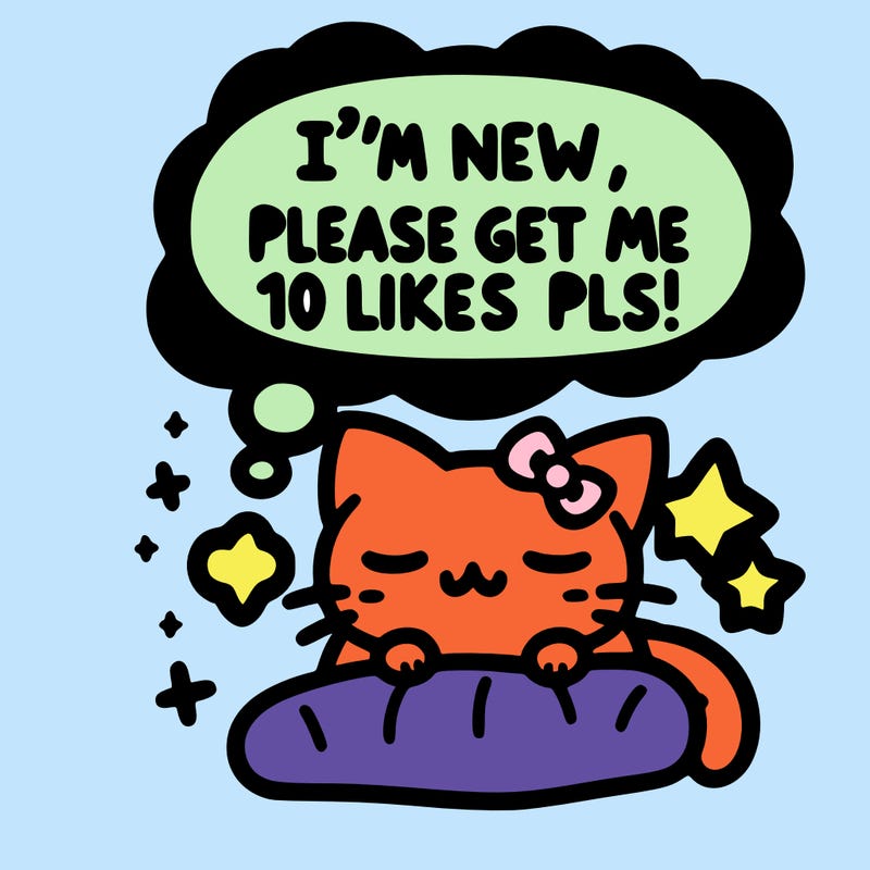 kitty taking a nap dream talking and saying "i'm new, please get me at least 10 likes pls!!"