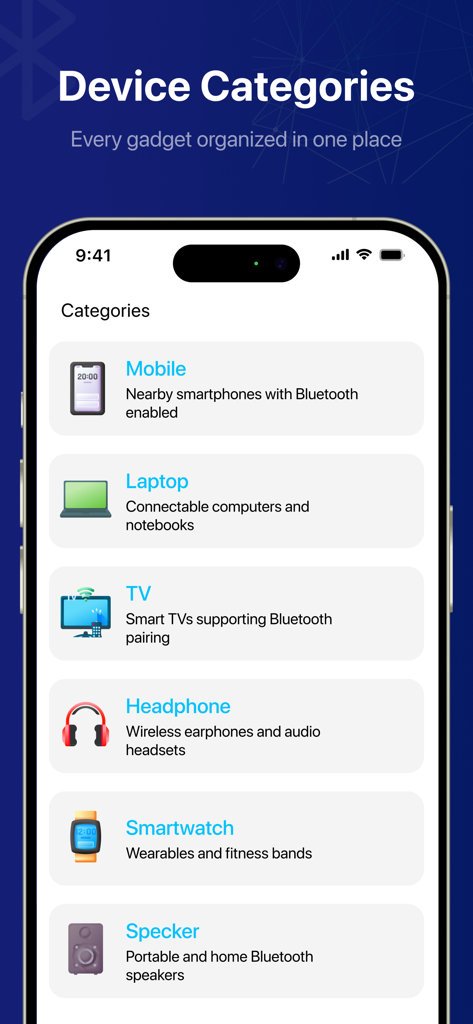 Bluetooth Auto Connect - Interface of the Bluetooth Auto Connect app showing various device categories including Mobile, Laptop, TV, and Headphone.