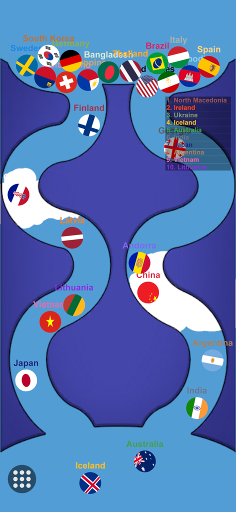 Marble Race Country - A mobile game screen showing marbles with national flags racing down a winding blue track in a country elimination competition.