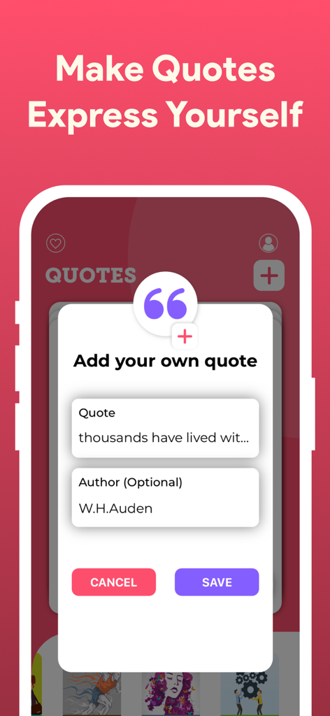 A mobile interface screen showing the feature to add a personalized quote with fields for text and author in the Motivation Daily Quotes app