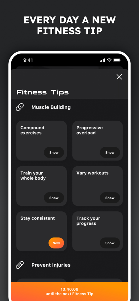 Gym Workout Tracker Planner AI - Pantalla de consejos de fitness en la aplicación rastreadora de ejercicios Gymnotize que muestra consejos para el desarrollo muscular