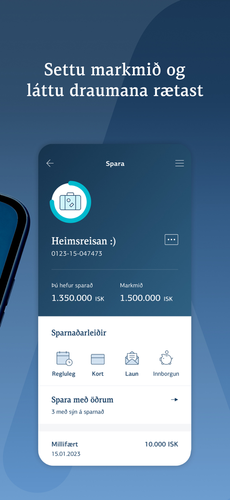 Landsbankinn - Landsbankinn banking app screen showing a savings goal for world travel with a progress bar and financial details