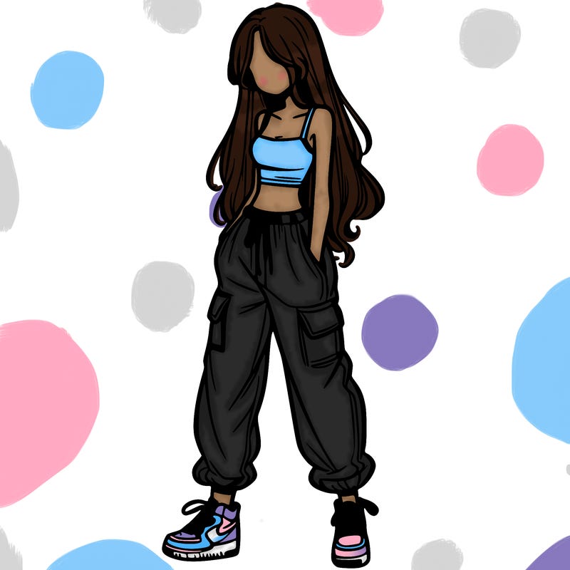 girl in baggy pants crop top and long hair