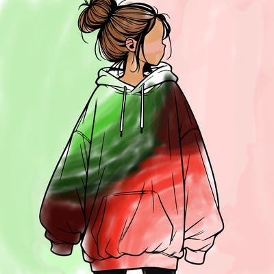 realistic girl with a oversized sweatshirt on and a bun