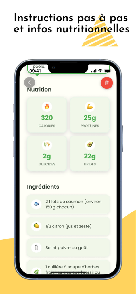 Reciply - Importer recettes - Interfaz de la aplicación Reciply que muestra información nutricional como calorías y proteínas encima de una lista de ingredientes de la receta de salmón.