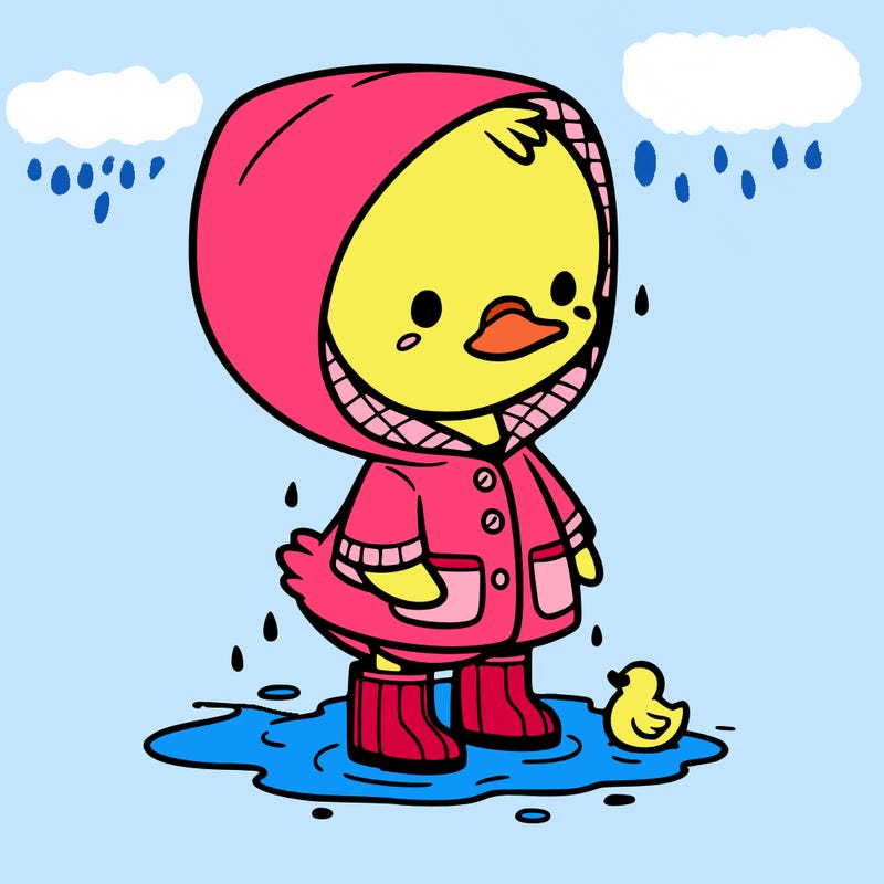 baby duck in a rain coat and boots, in a puddle while it’s raining