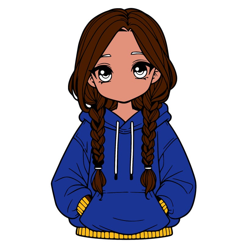 a realistic girl with a oversized hoodie and she has braids