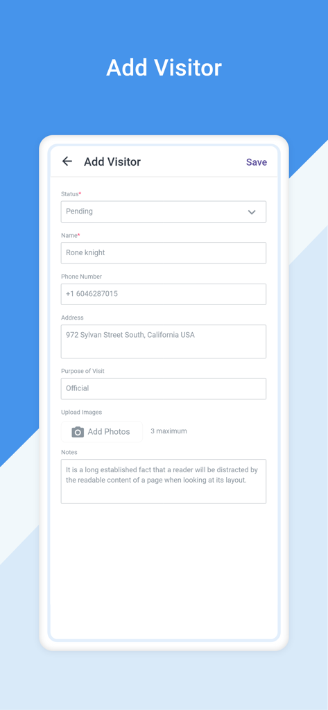 Novagems StaffApp - A mobile screen showing the Add Visitor form in the Novagems StaffApp for security guards to register site visitors