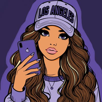 realistic beautiful girl wearing los ángeles cap holding an iphone