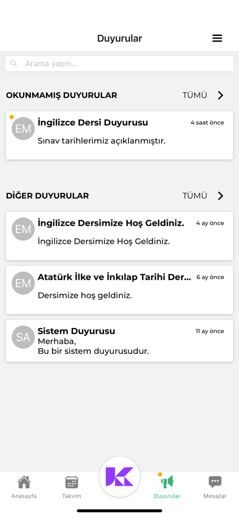 K365 - The announcements screen of the K365 education app displaying unread course notifications and system updates for students