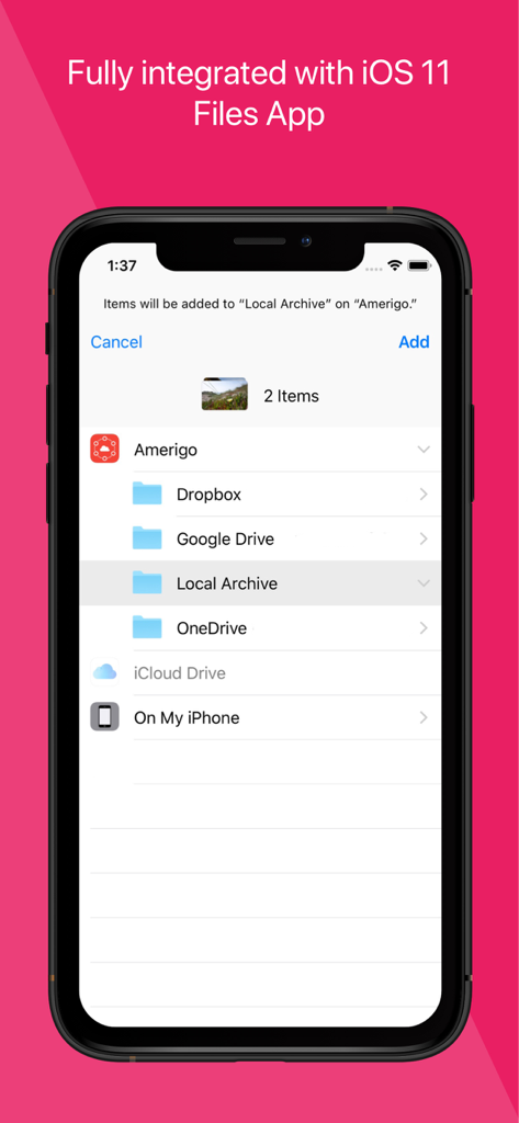 Interfaz de la aplicación Amerigo que muestra la integración con el almacenamiento en la nube y la aplicación Archivos de iOS.