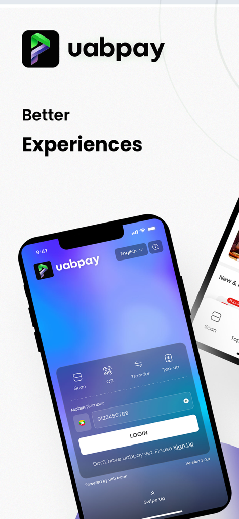 uabpay mobile banking App-Anmeldebildschirm mit Scan- und Überweisungsoptionen