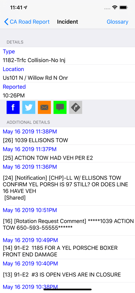 California Road Report - A detailed CHP incident report showing traffic collision logs on US101 in the California Road Report app