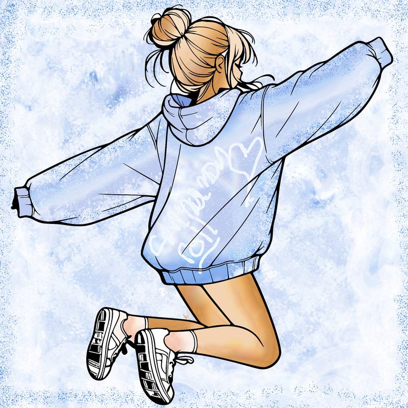 realistic girl jumping with a bun and oversized sweatshirt