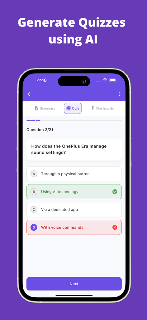 Flashcards to Study - Synt - AI generated multiple choice quiz interface in the Synt study app