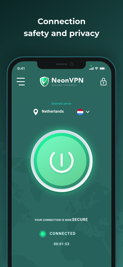 Neon VPN app interface showing a secure connection status with a Netherlands server selected on a smartphone
