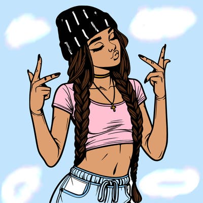 realistic teenage girl with braids and a beanie and crop top doing 🫶🏼