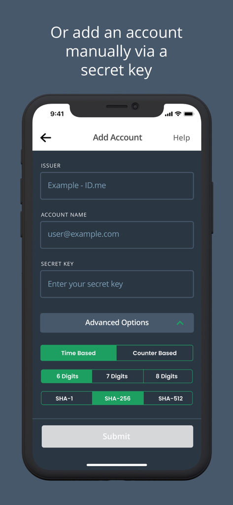 ID.me Authenticator manual account setup screen showing fields for issuer, account name, and secret key with advanced configuration options.
