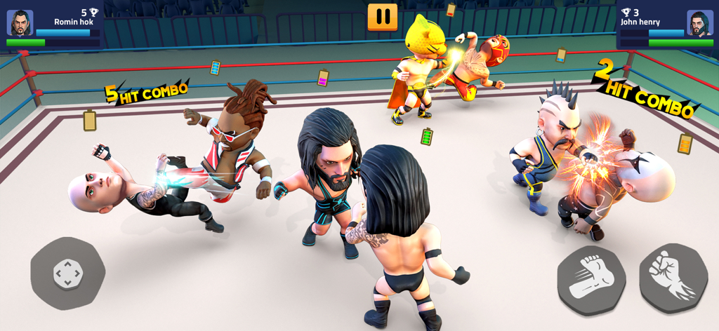 Rumble Wrestling : Fight Games - Arcade style 3D wrestling game showing multiple characters fighting in a ring with hit combos and on screen controls