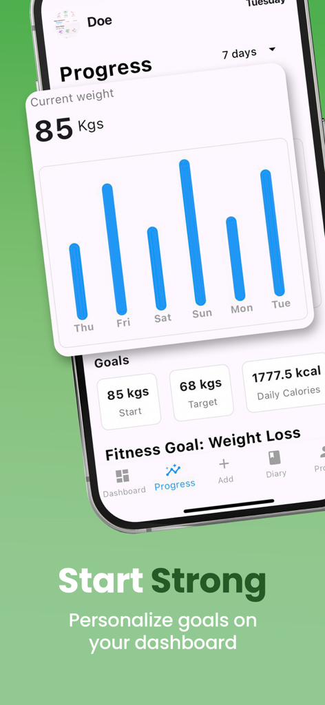NutriScan: AI Calorie Counter - Gráfico de progreso de pérdida de peso y panel de objetivos personalizados en la aplicación NutriScan