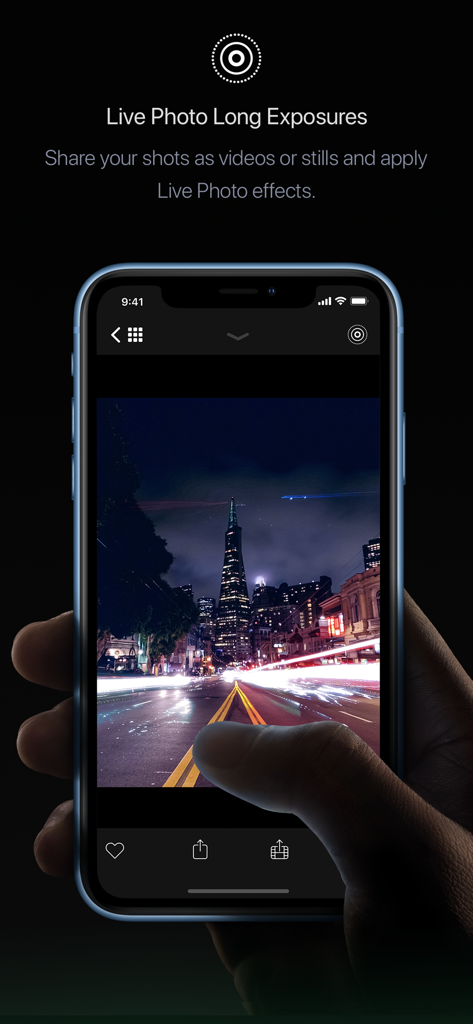 Spectre Camera - Spectre Camera app interface displaying a long exposure night shot with light trails