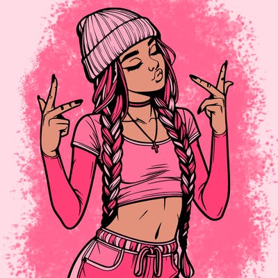 realistic teenage girl with braids and a beanie and crop top doing 🫶🏼