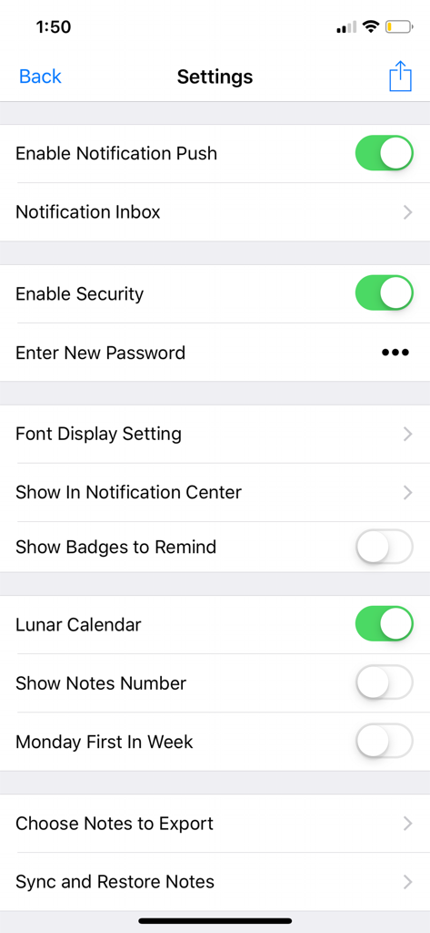 Daily Notes - Settings menu of the Daily Notes app showing security and calendar configuration options