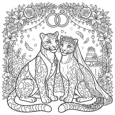 Step into a world of romance with this beautiful clouded leopard wedding coloring page, perfect for celebrating love. Adorned in charming attire, this elegant feline couple awaits your creative touch amidst a lovely floral setting.