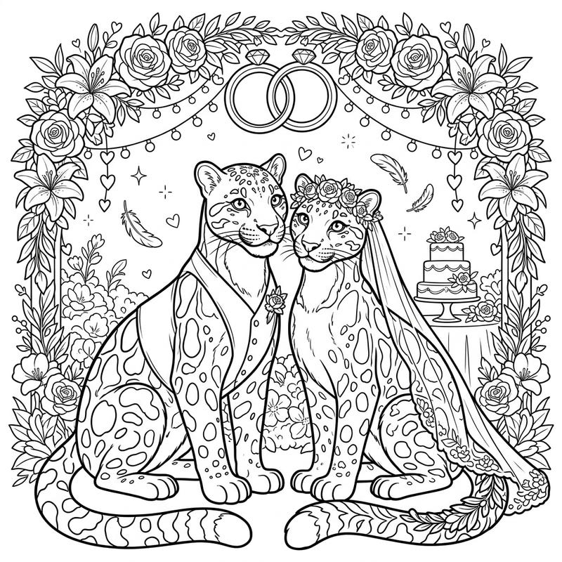 Step into a world of romance with this beautiful clouded leopard wedding coloring page, perfect for celebrating love. Adorned in charming attire, this elegant feline couple awaits your creative touch amidst a lovely floral setting.