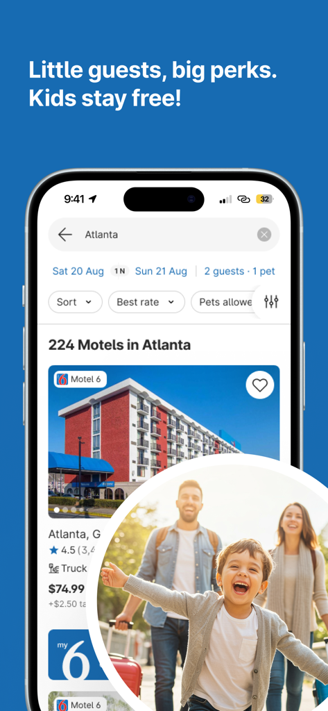 My6 app interface showing Motel 6 search results in Atlanta with a promotional message that kids stay free.