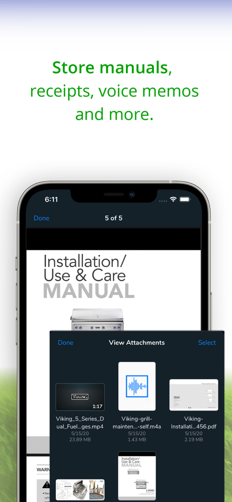 Nest Egg - Inventory - Nest Egg app screen displaying stored product manuals and file attachments for home inventory