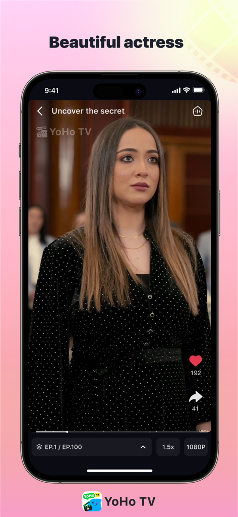 Screenshot der YoHo TV-App, der eine Kurz-Dramenepisode mit dem Titel 'Uncover the secret' mit einer schönen Schauspielerin zeigt.