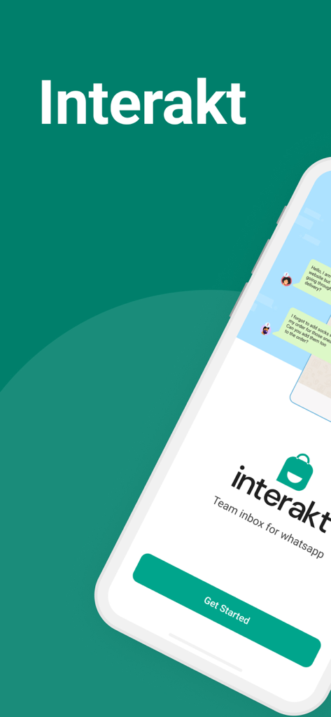 Interakt app splash screen with a Get Started button and the description Team inbox for WhatsApp