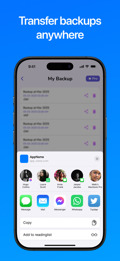 Contacts Backup and Transfer⁺ - Pantalla de compartir de la aplicación Contacts Backup and Transfer para exportar archivos de datos