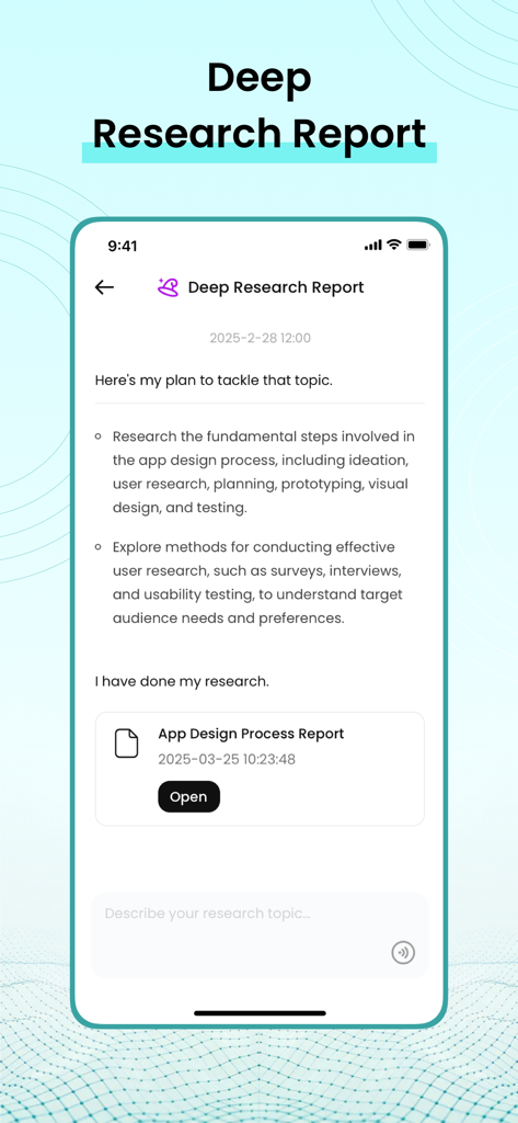 TicNote: AI Recorder & Agent - Interfaccia dell'app TicNote che visualizza un rapporto di ricerca approfondito con un piano di ricerca generato dall'IA e file allegato