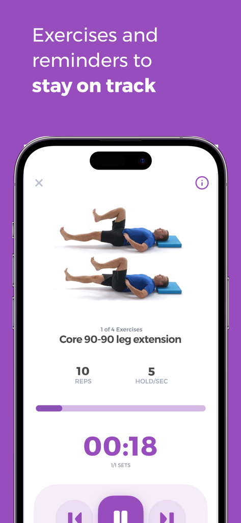 Mobile app screen showing a physical therapy core exercise with a timer and rep tracker