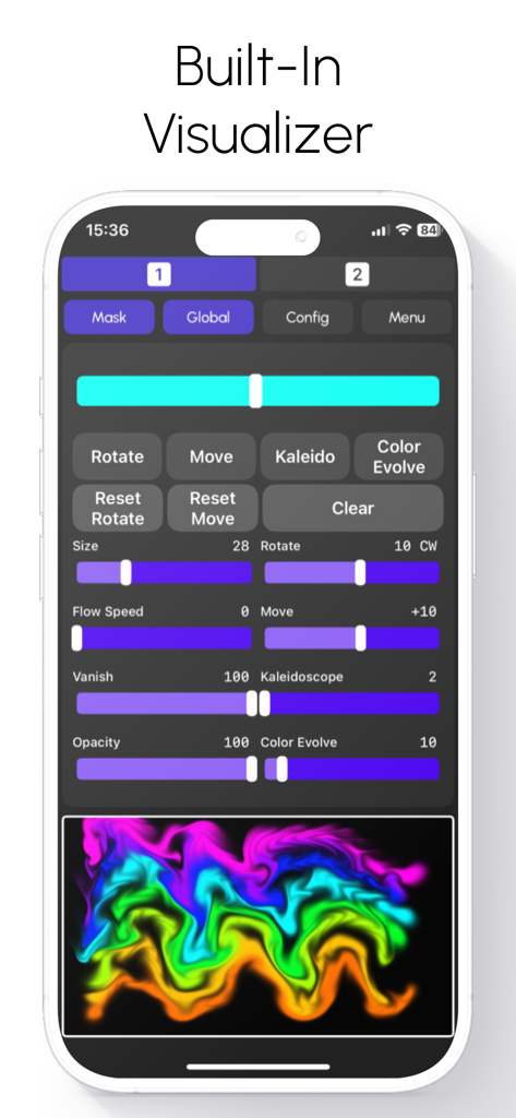흐름 속도, 칼레이도스코프 효과 및 다채로운 네온 웨이브 미리보기를 위한 조절 가능한 슬라이더가 있는 내장 시각화 도구를 보여주는 Lazy Lighting 앱 인터페이스