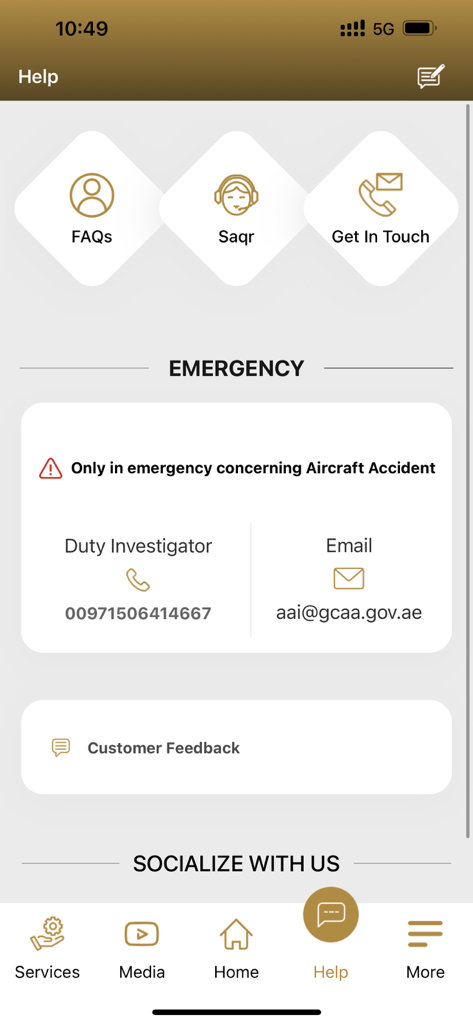 UAE GCAA - The help and emergency contact screen of the UAE GCAA mobile app for aviation professionals