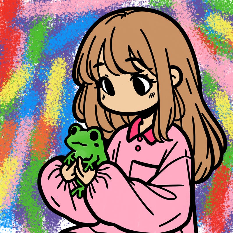 girl with long hair and a oversized shirt. and she is holding a frog