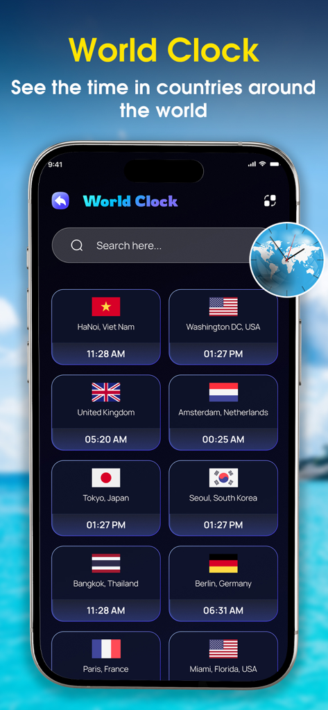 Interfaz del Reloj Mundial en la aplicación Vista Satelital en Vivo que muestra las horas actuales para varias ciudades y países de todo el mundo
