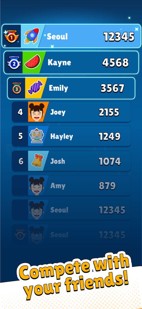 Popular Words: Family Game - Classifica in Parole Popolari: Gioco per Famiglie che mostra i punteggi e le classifiche dei giocatori per competere con gli amici.