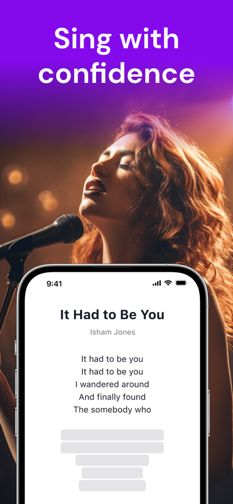 A woman singing on stage with a phone showing the MemoCoach app hiding lyrics for memorization